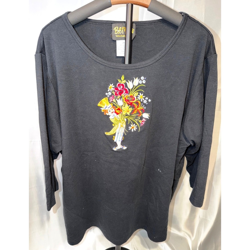 Bob‎ Mackie Wearable Art 2X Black Floral Embroidered Top Cottagecore Boho